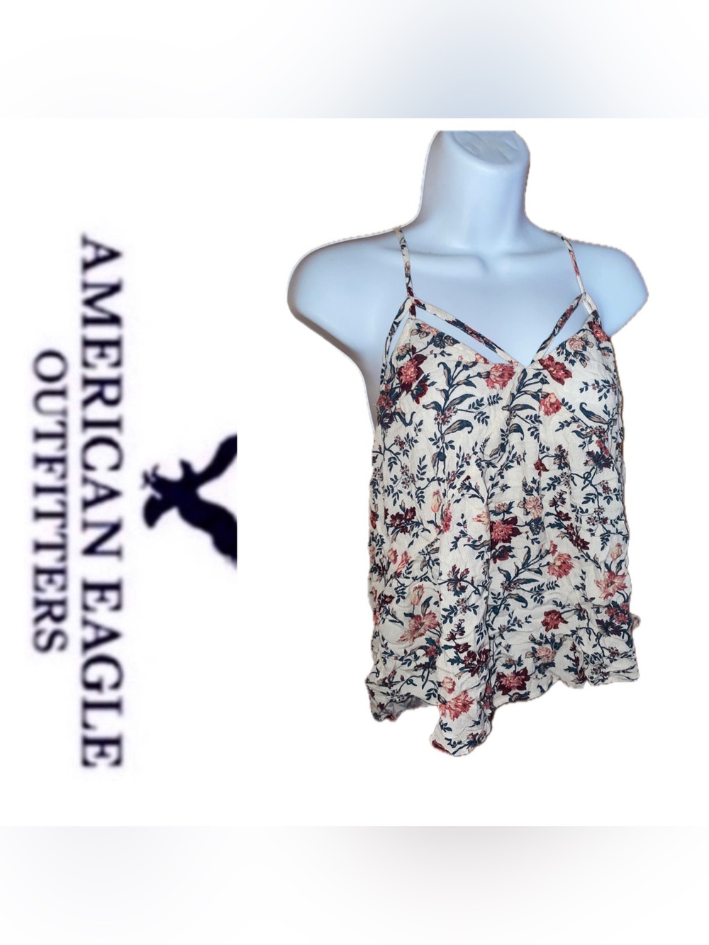 American Eagle Outfitters Floral Cream Tank Top with Pink and Green Print